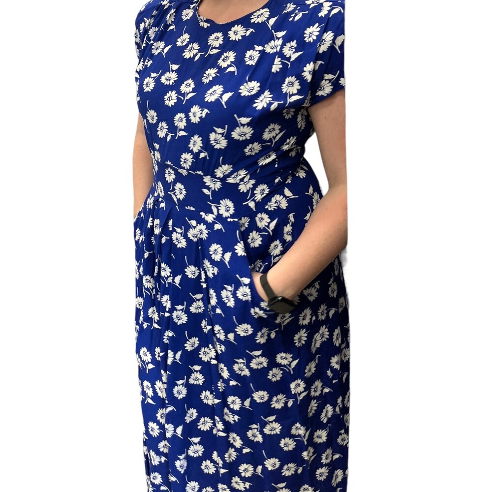 VTG 80s Karin Stevens Womens 12 14 Midi Rayon Blue Floral Pockets Summer Dress